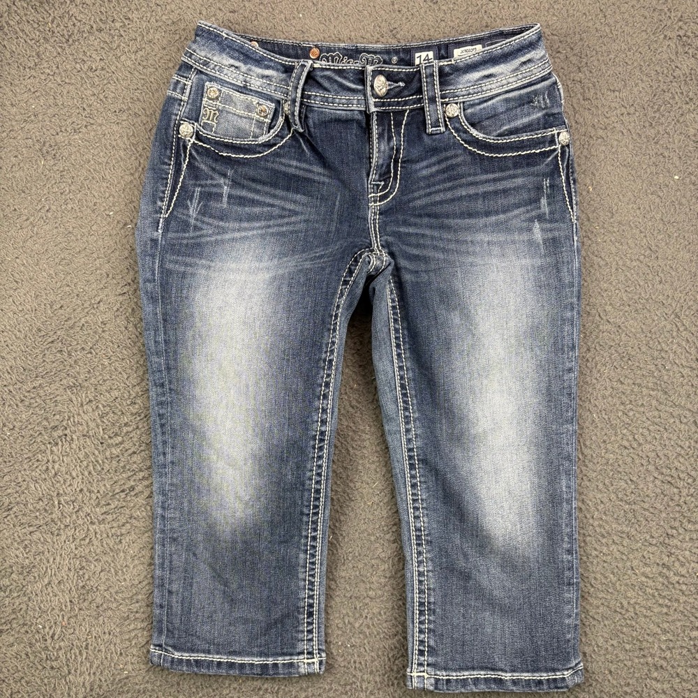 Miss Me Girls Size 14 Blue Cuffed Capri Jeans JK9020P3 Embellished Fleur De Lis